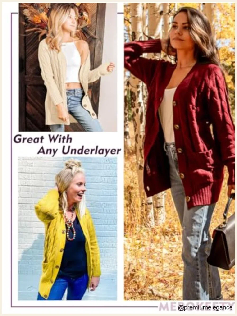 Acrylic Cable Knit Cardigan Sweater Long Sleeve Button Down V-Neck